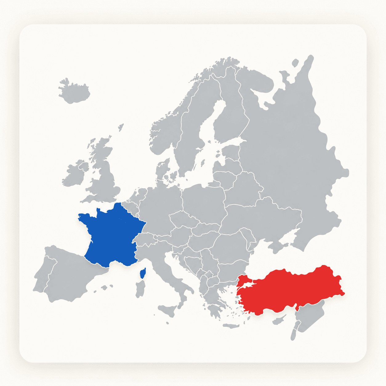Europe map highlighting France in blue and Turkey in red